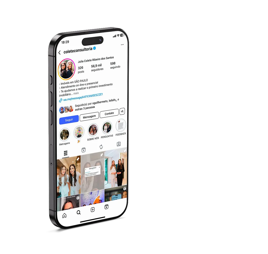 Celular mostrando o perfil @coleteconsultoria no Instagram, com 56,9 mil seguidores