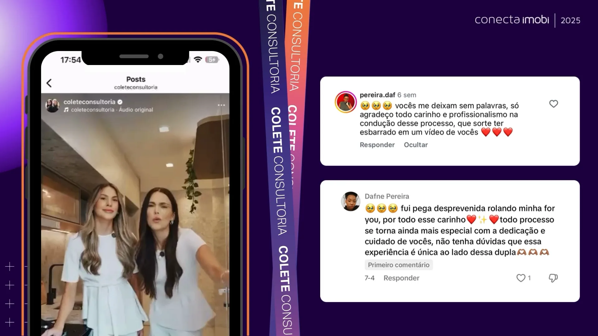 Celular com vídeo das sócias no perfil da Colete Consultoria