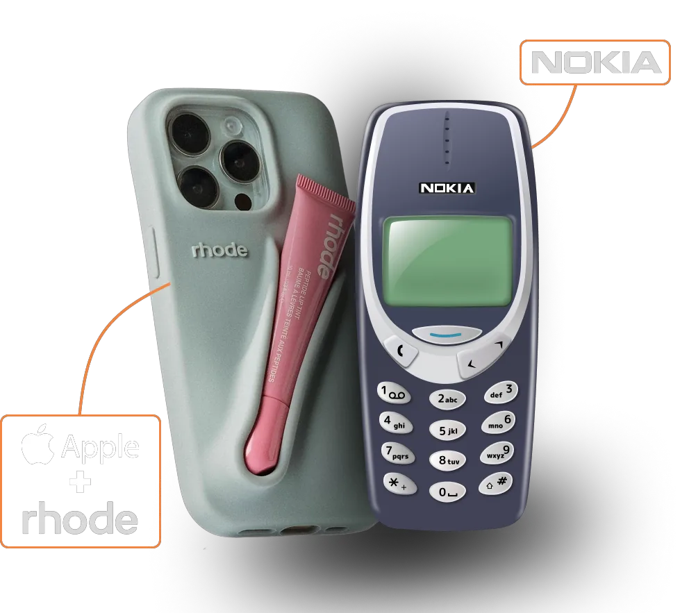 NOKIA — Apple + rhode: celular Nokia ao lado de um iPhone com capa Rhode